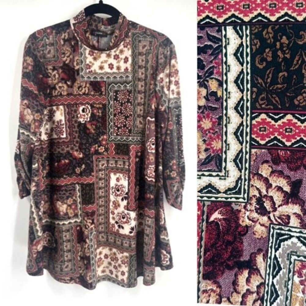 Cocomo Floral Bandana Print 3/4 Sleeve Mock Neck Blouse Medium‎ Boho Patchwork